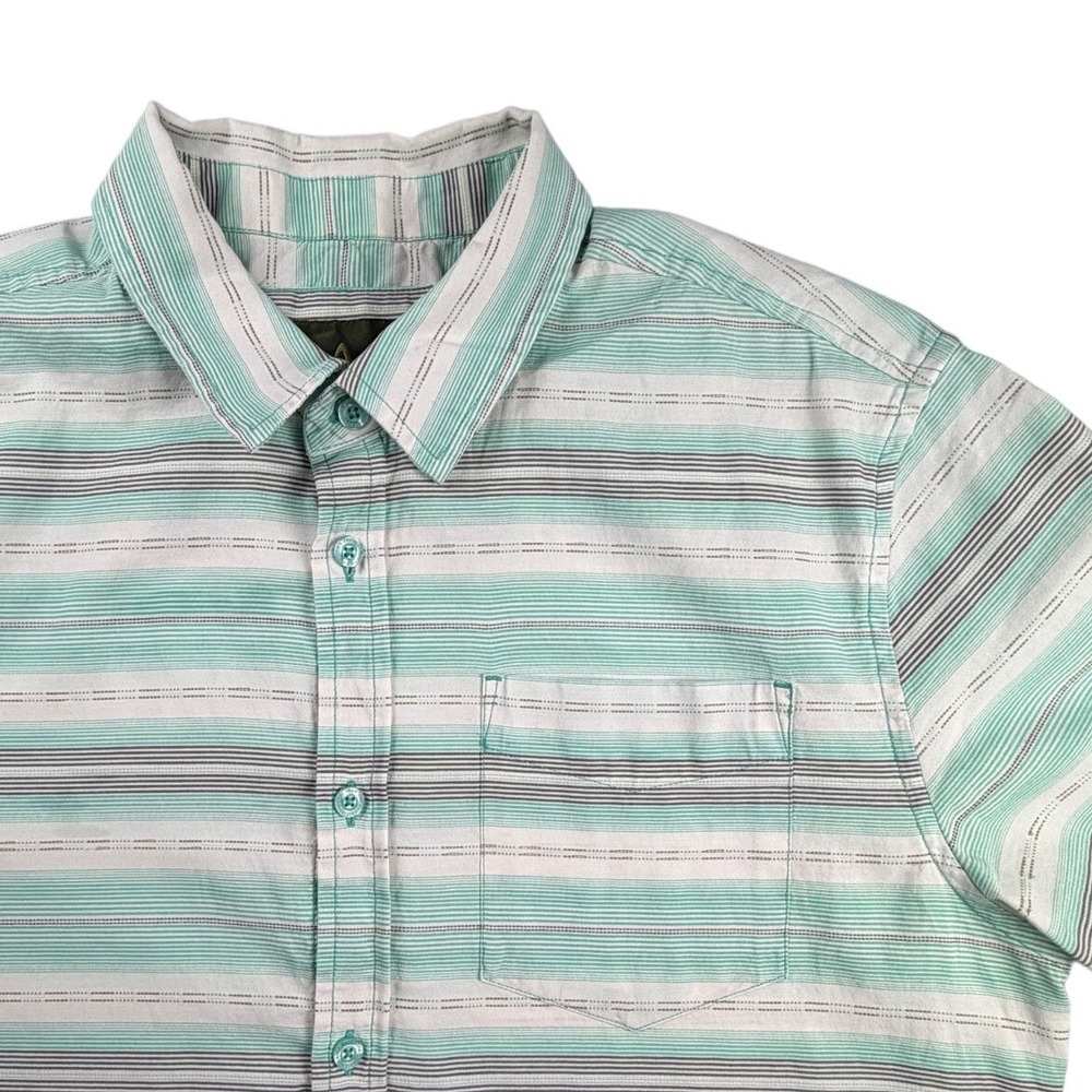 Prana Mens Short Sleeve Button Up Shirt Mint Green Striped Size Medium M Pocket